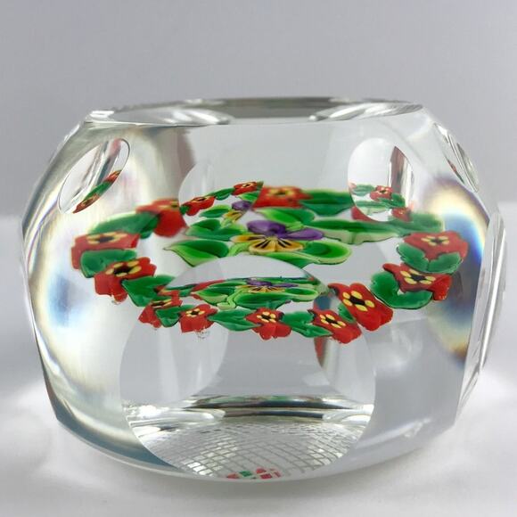 Perthshire 1998D Garlanded Pansy Lampwork Flower Leaves Clear Facet Paperweight - Picture 4 of 15